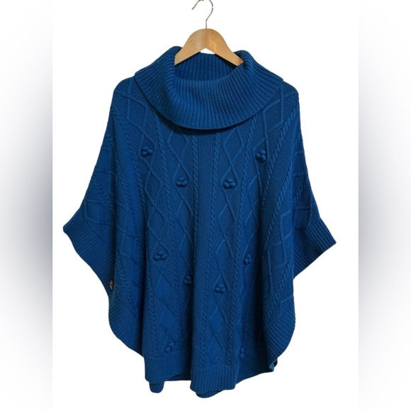 Talbots Wool Poncho Sweater Cape Pullover Cable Womens Blue Chunky Boho Size L - Picture 1 of 7